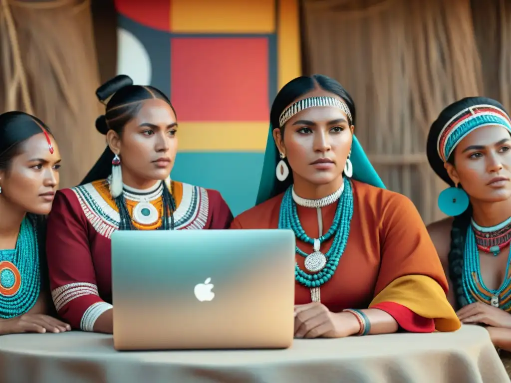 Un grupo de mujeres indígenas se reúnen alrededor de una computadora, discutiendo activismo en redes sociales