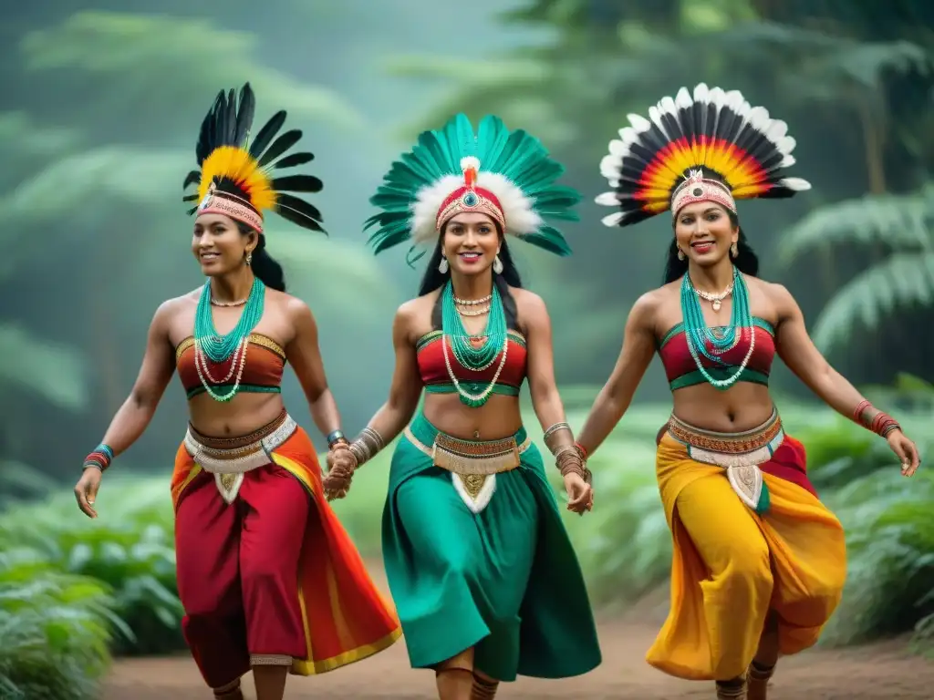 Un grupo de mujeres indígenas participa en una danza tradicional, luciendo coloridos trajes y expresiones de alegría en un bosque exuberante