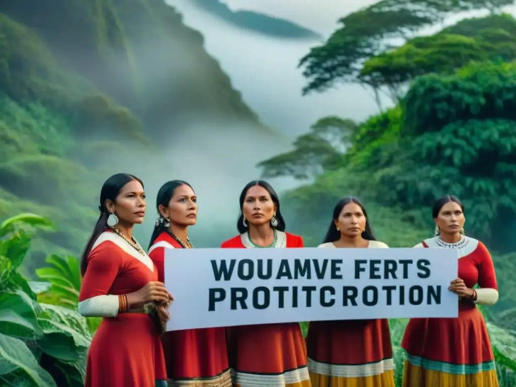 Grupo de mujeres indígenas defensoras de derechos de la tierra, orgullosas y determinadas, rodeadas por exuberante vegetación