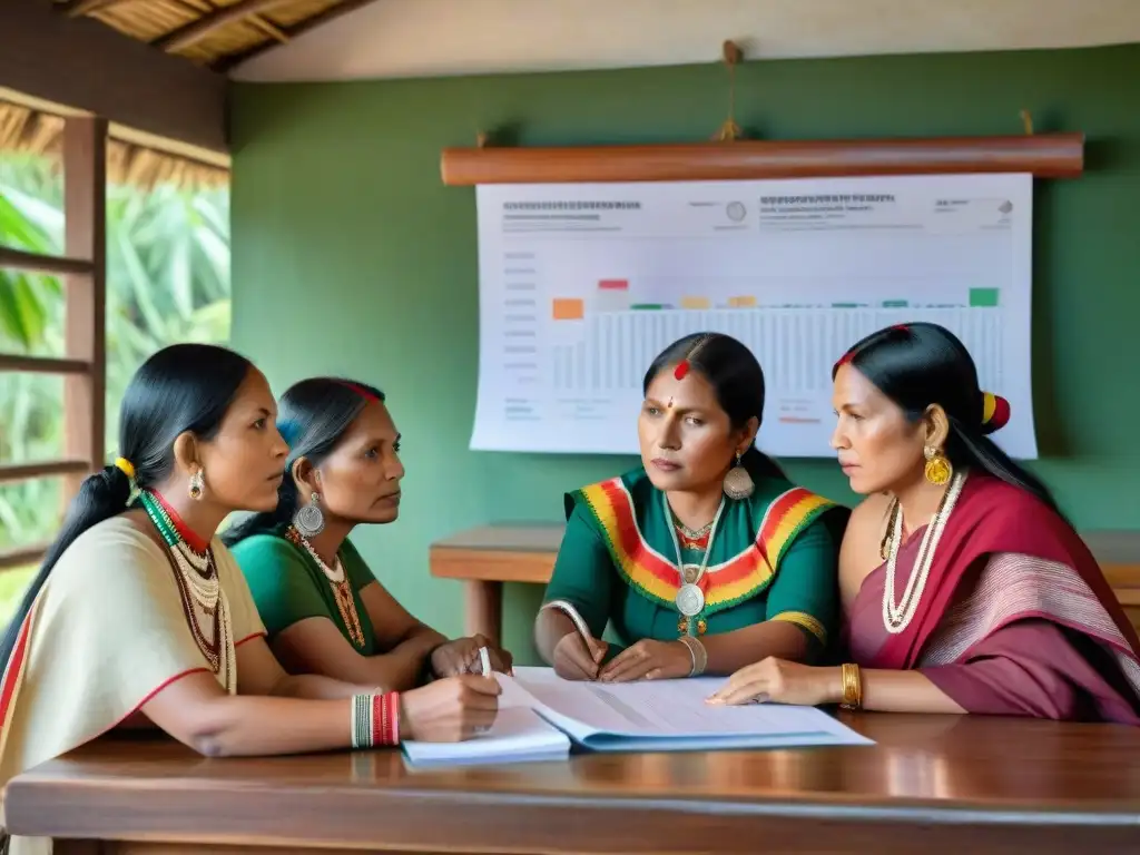 Mujeres indígenas debaten derechos reproductivos Un grupo de mujeres indígenas discuten apasionadamente sobre derechos reproductivos en una sala luminosa rodeada de naturaleza y arte tradicional