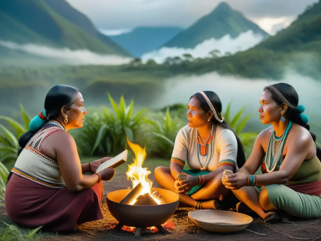 Grupo de mujeres indígenas empoderadas en conversación, tejiendo y escribiendo en la naturaleza