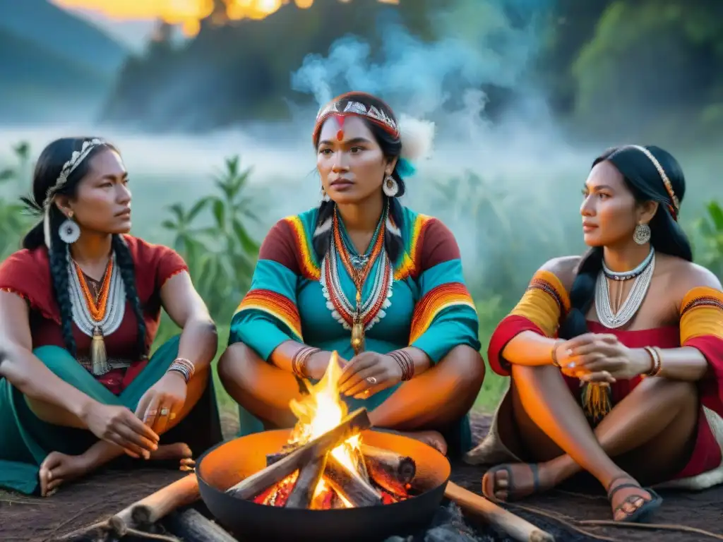 Grupo de mujeres indígenas empoderadas comparten historias alrededor del fuego en la selva estrellada