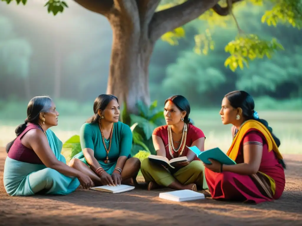 Grupo de mujeres indígenas empoderadas en círculo educativo bajo árbol frondoso