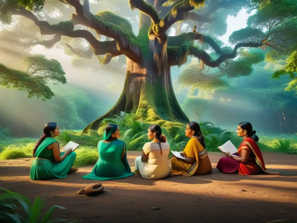 Un grupo de mujeres indígenas escritoras se reúnen alrededor de un árbol ancestral en un bosque verde, en una escena de comunidad y empoderamiento