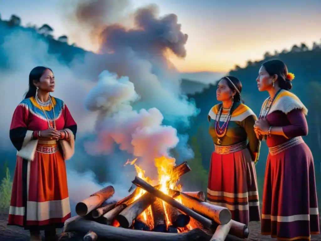 Grupo de mujeres indígenas cantando alrededor del fuego bajo el cielo estrellado en la selva