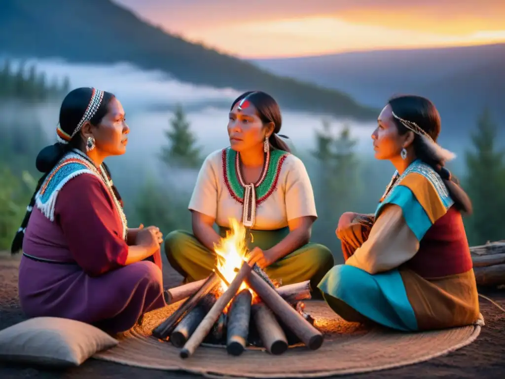 Grupo de mujeres indígenas narran historias alrededor del fuego en la selva estrellada