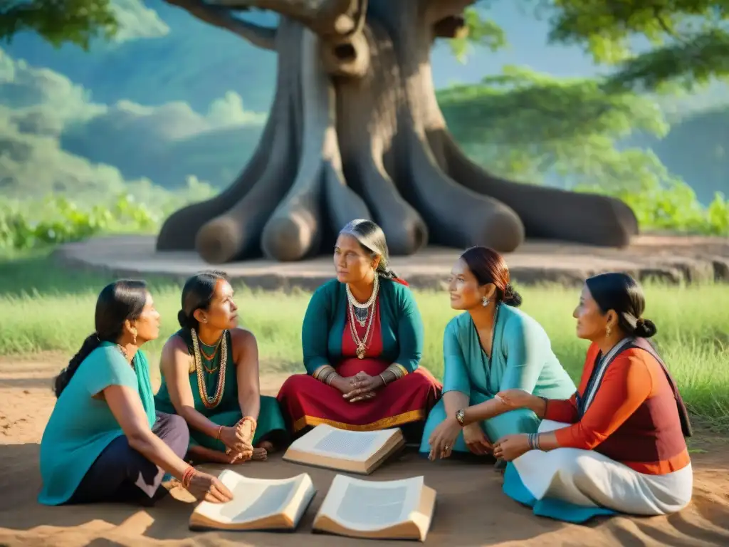 Un grupo de mujeres indígenas preservando su idioma bajo un árbol