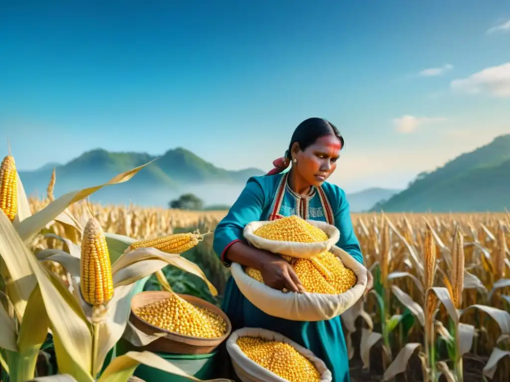 Grupo de mujeres indígenas recolectando maíz, mostrando la importancia del maíz en dietas indígenas