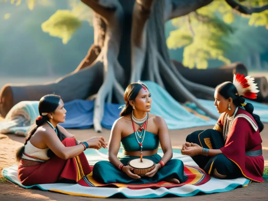 Grupo de Mujeres Indígenas Fortaleciendo Lazos Culturales bajo un árbol, compartiendo historias y artesanías coloridas