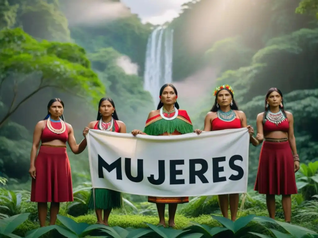 Grupo de mujeres indígenas líderes en cambio climático, unidas en el bosque con determinación y resiliencia