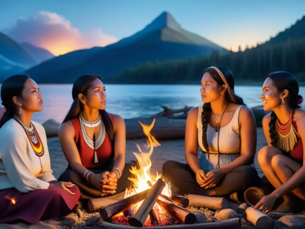 Grupo de mujeres indígenas en literatura contemporánea, compartiendo historias alrededor de la fogata bajo un cielo estrellado