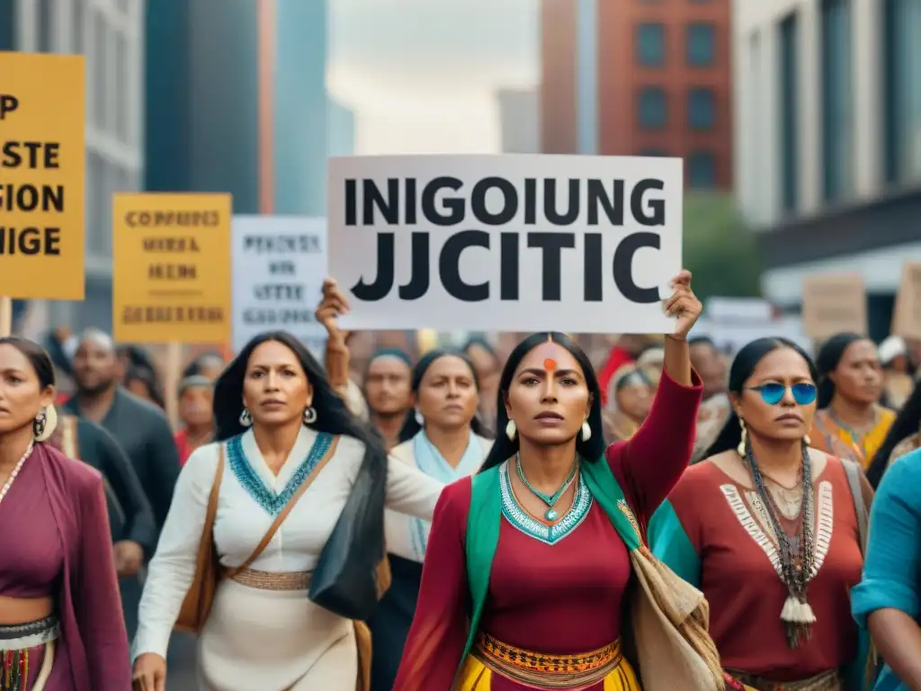 Grupo de mujeres indígenas liderando marcha por cambio social con mensajes empoderadores en banners, rodeadas de multitud diversa unida en solidaridad