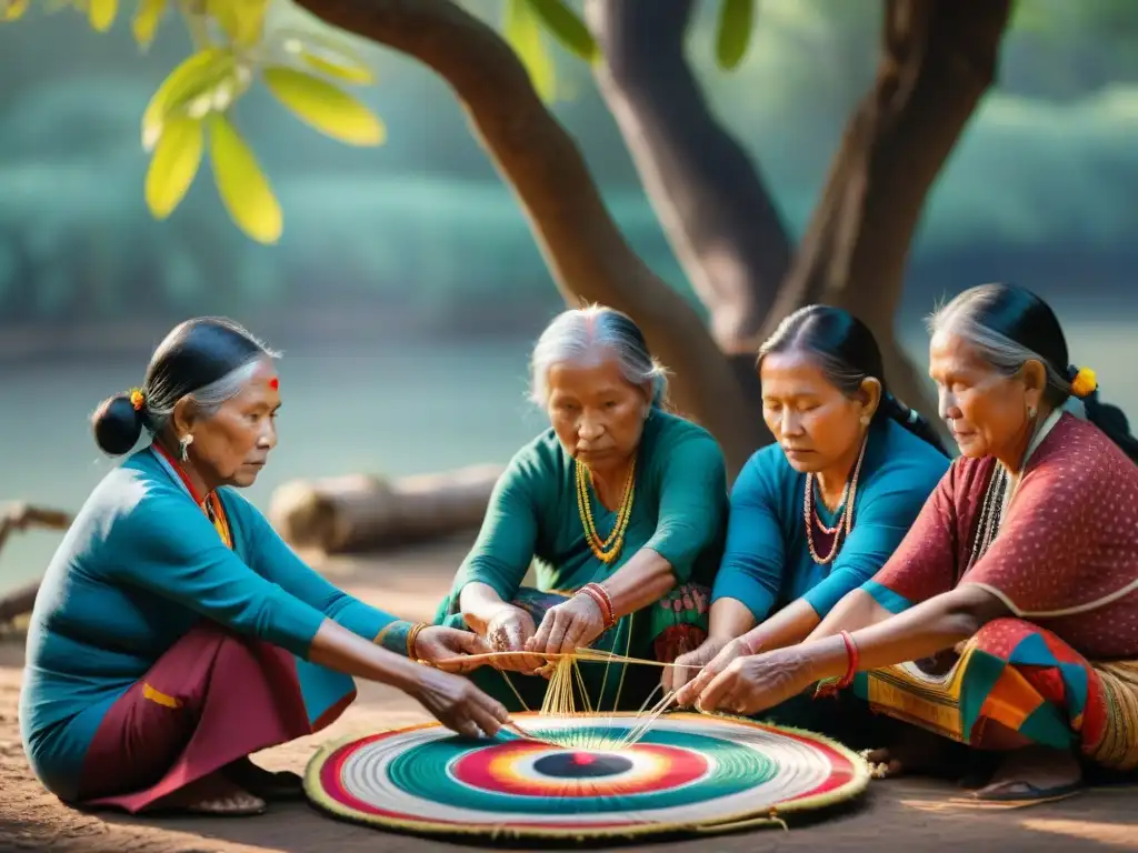 Un grupo de mujeres indígenas mayores tejiendo bajo un árbol, mostrando la resiliencia cultural en culturas indígenas