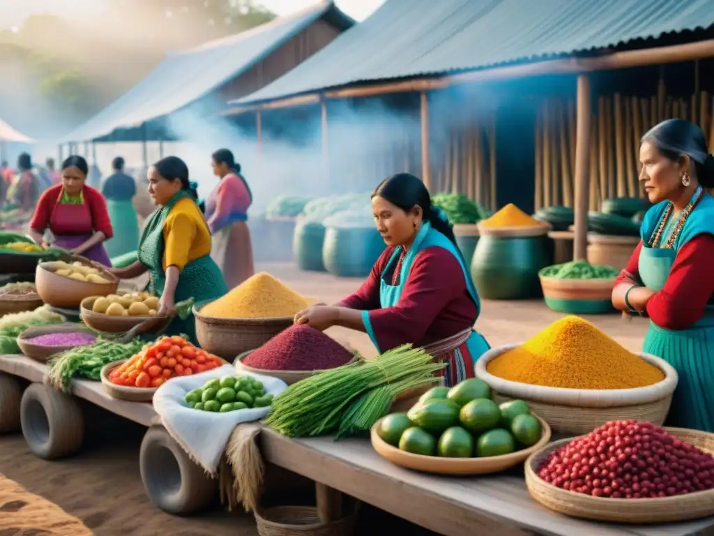 Un grupo de mujeres indígenas en un mercado preparando alimentos ancestrales en un ambiente vibrante y tradicional