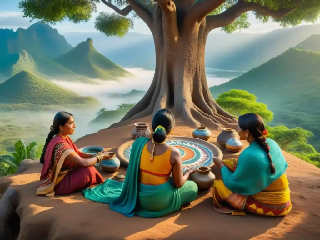 Un grupo de mujeres indígenas en movimientos contemporáneos, tejiendo y pintando bajo un árbol ancestral en un paisaje exuberante