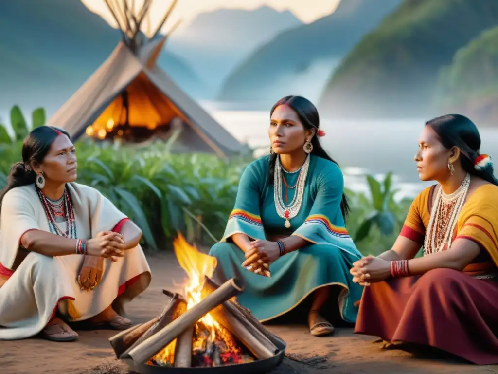 Un grupo de mujeres indígenas en movimientos contemporáneos, reunidas alrededor de un fuego, expresando determinación y liderazgo