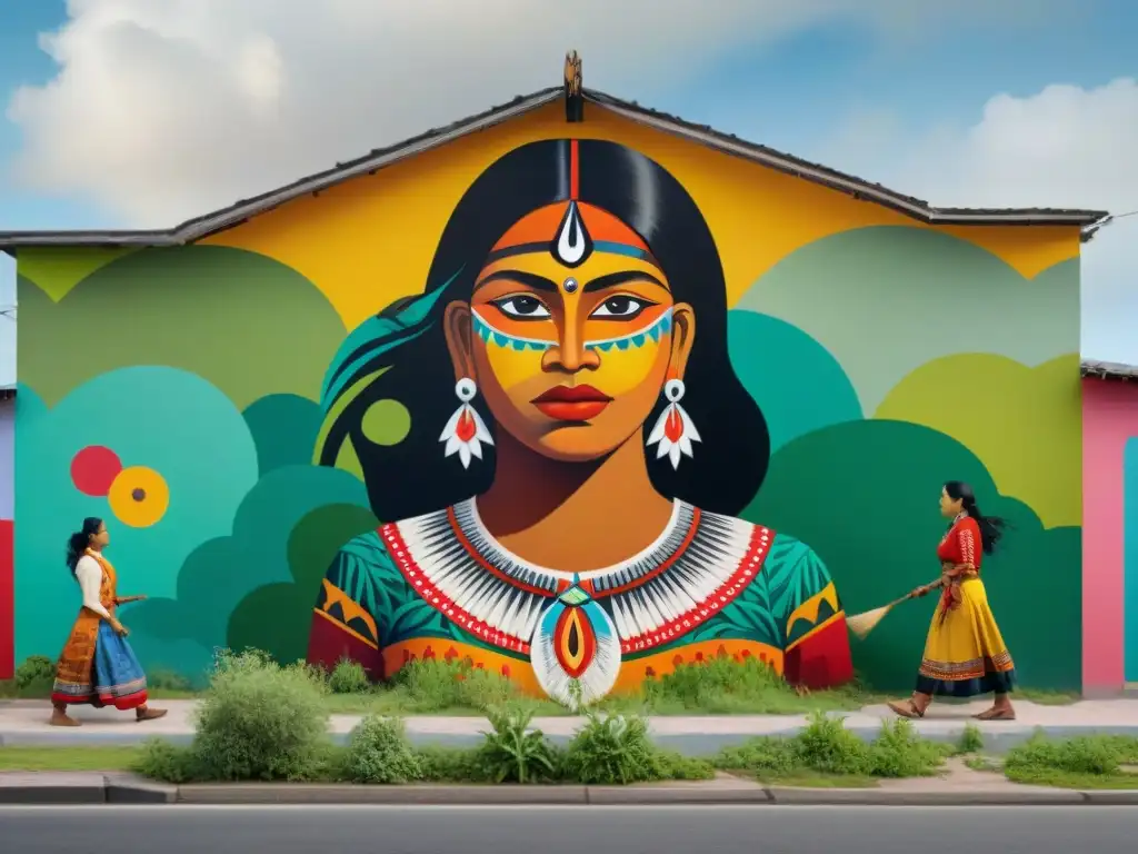 Un grupo de mujeres indígenas pintando un mural vibrante, expresando feminismo indígena arte fuerza