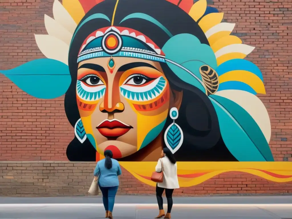 Grupo de mujeres indígenas pintando un mural vibrante en la ciudad, símbolos de cultura y fuerza en arte de feminismo indígena