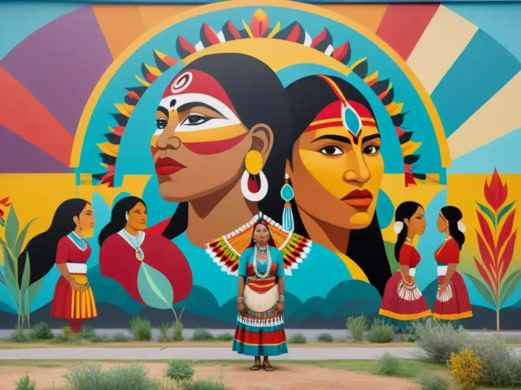 Grupo de mujeres indígenas interactuando con un mural vibrante que celebra la fuerza del feminismo indígena