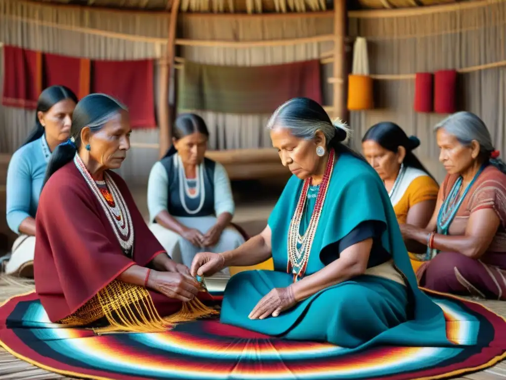 Grupo de mujeres indígenas tejiendo patrones textiles con técnicas tradicionales