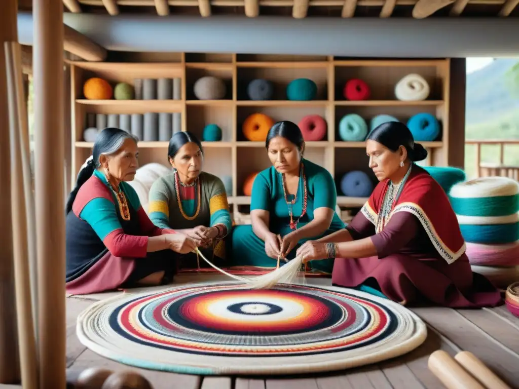 Grupo de mujeres indígenas tejiendo patrones textiles, transmitiendo el arte textil indígena