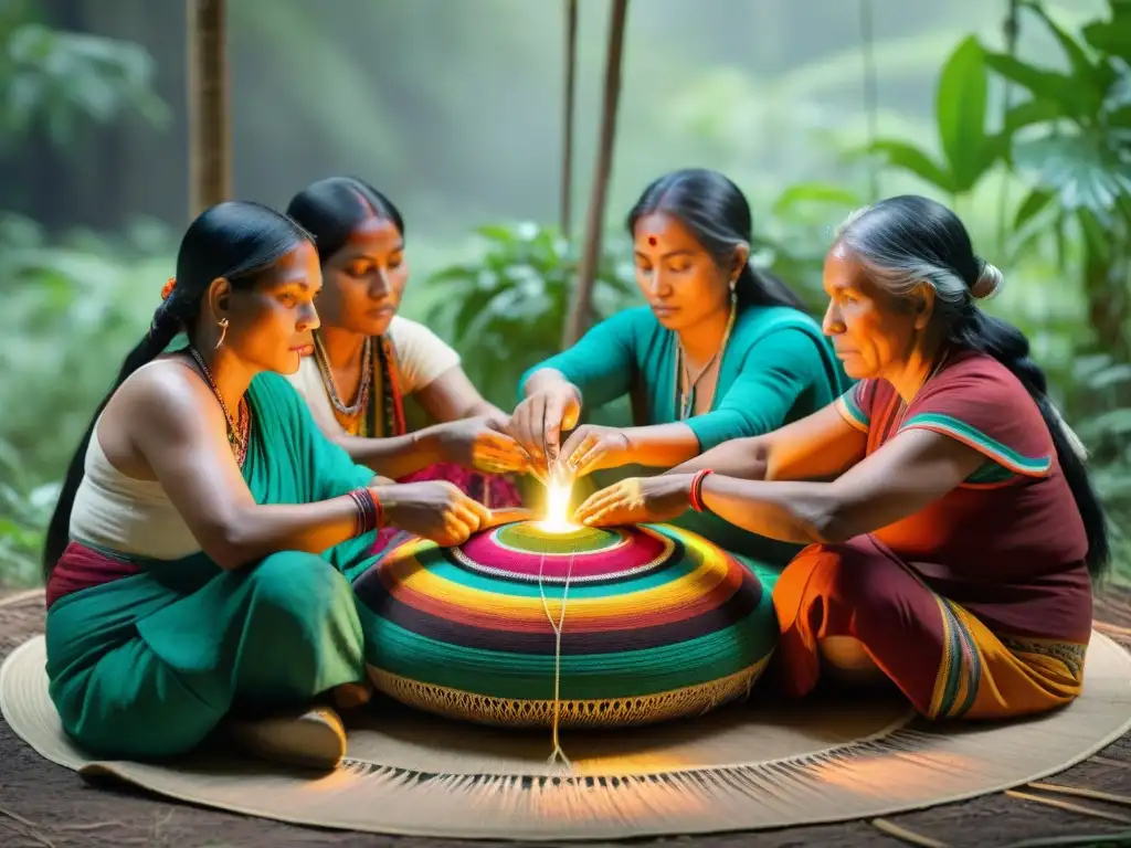 Un grupo de mujeres indígenas tejiendo patrones coloridos en la selva