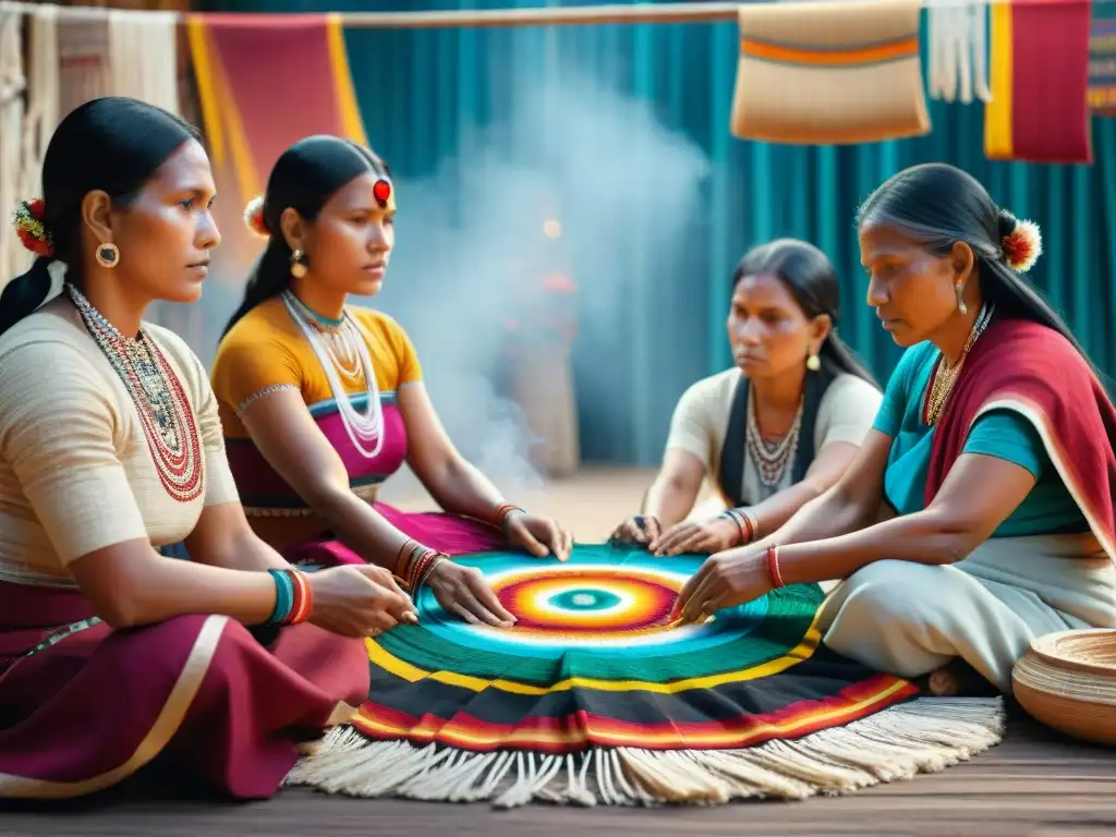 Grupo de mujeres indígenas tejiendo patrones tradicionales en textiles coloridos, en un mercado bullicioso