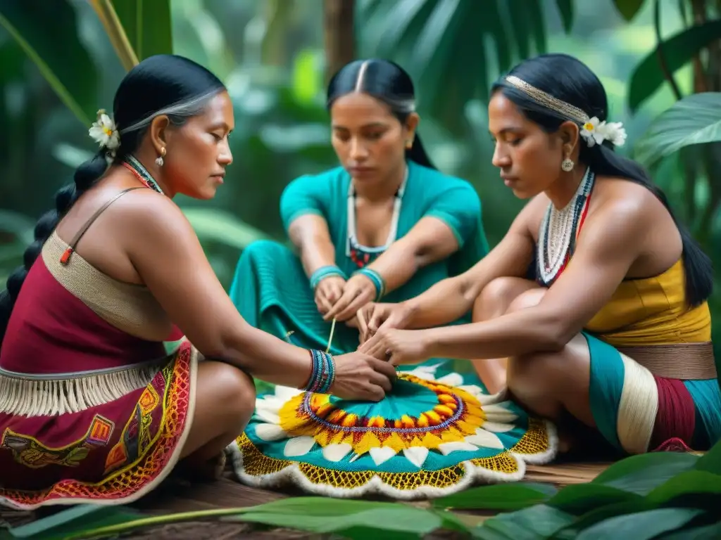 Grupo de mujeres indígenas tejiendo patrones en la selva amazónica, reflejando el significado simbólico del tejido indígena