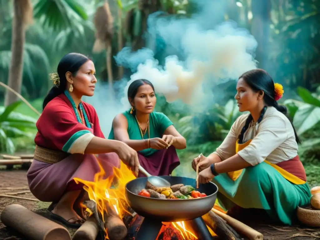 Un grupo de mujeres indígenas preparando platillos tradicionales al aire libre en la selva tropical