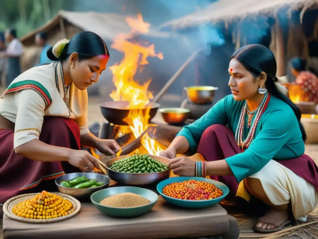 Grupo de mujeres indígenas preparando platos tradicionales al aire libre, resaltando la gastronomía indígena América etnoturismo