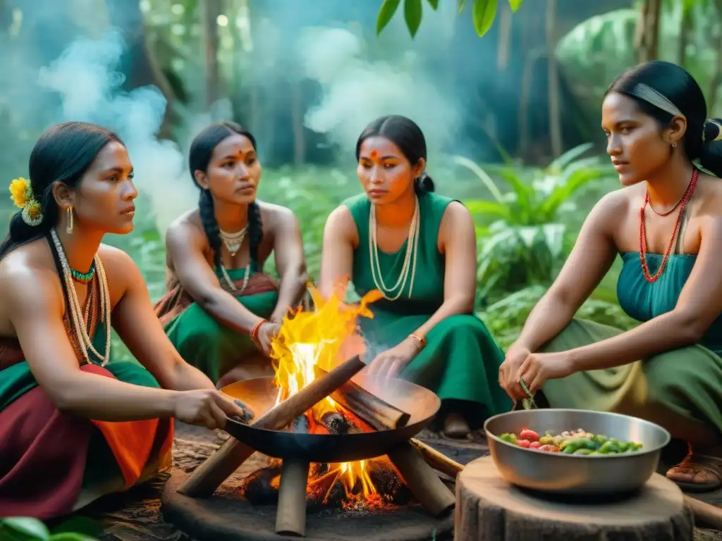 Un grupo de mujeres indígenas preparando recetas tradicionales durante celebraciones en la selva