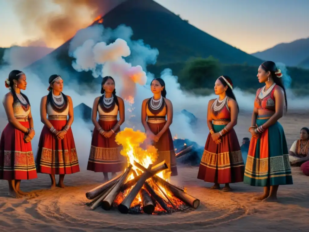 Grupo de mujeres indígenas en ritual de paso junto a fogata bajo cielo nocturno