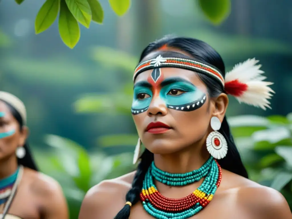 Un grupo de mujeres indígenas participando en rituales de paso, rodeadas de exuberante vegetación, con vestimenta ceremonial y joyería tradicional