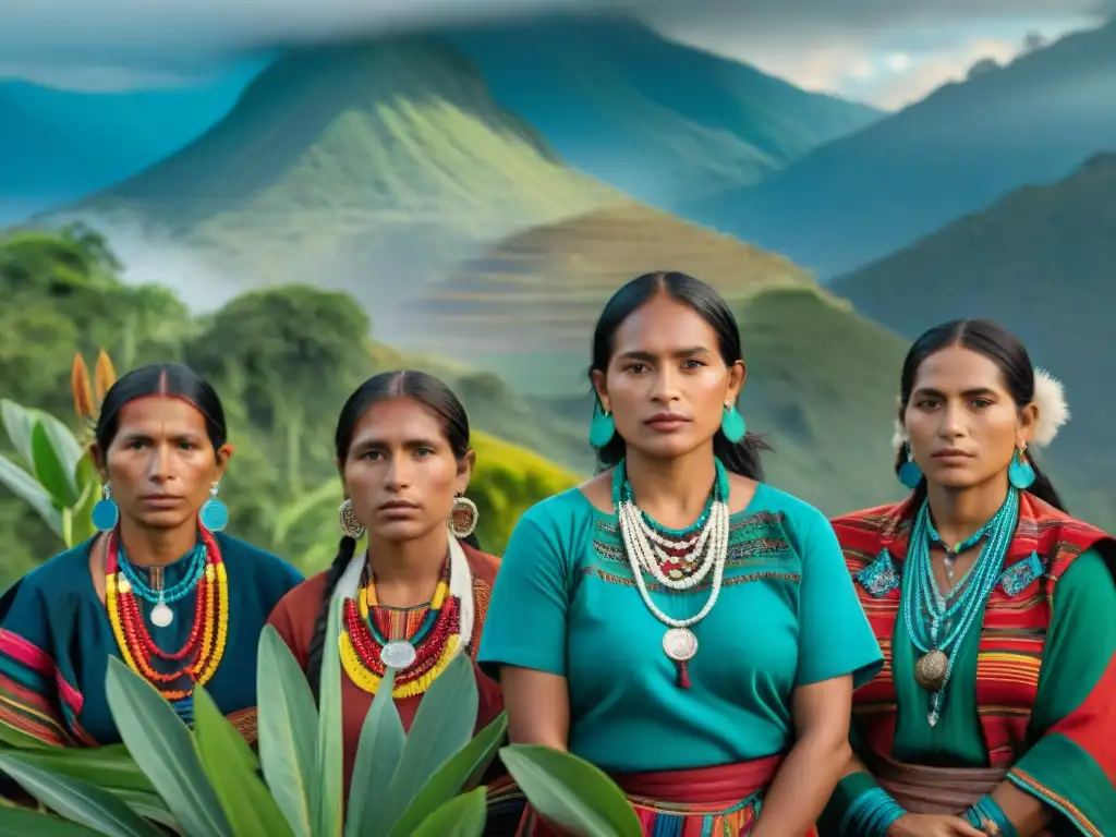 Un grupo de Mujeres Indígenas en Guatemala unidas, vistiendo ropa tradicional, reflejando fuerza y esperanza, frente a un paisaje verde y vasto