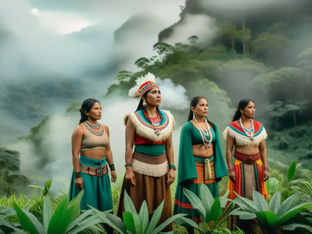 Un grupo de mujeres indígenas en la selva ecuatoriana, discutiendo con determinación y fuerza