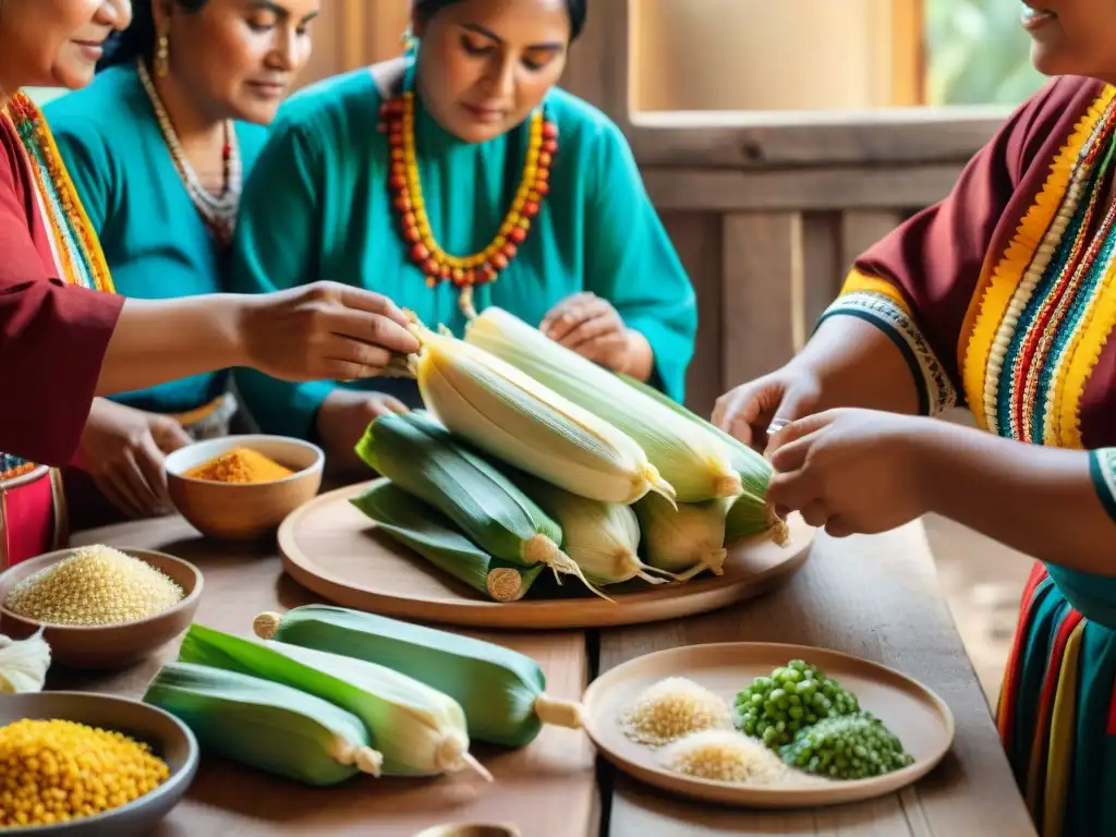 Grupo de mujeres indígenas preparando tamales y humitas en escena tradicional