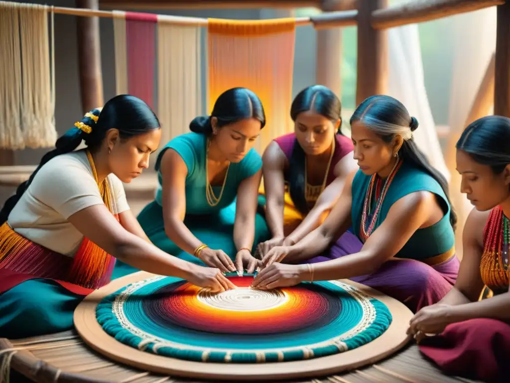 Grupo de mujeres indígenas tejiendo con técnicas ancestrales en círculo, concentradas y serenas bajo cálida luz natural