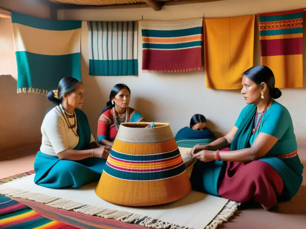 Grupo de mujeres indígenas preservando el tejido tradicional en una sala llena de color y tradición