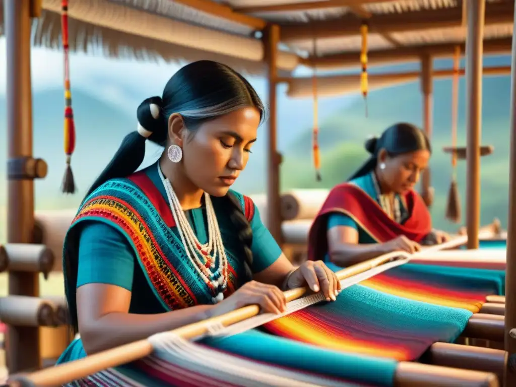 Grupo de mujeres indígenas tejiendo en telares de madera, rodeadas de hilos de colores