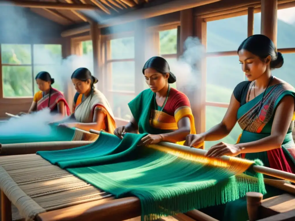 'Grupo de mujeres indígenas tejiendo textiles tradicionales con destreza y dedicación en un taller colorido