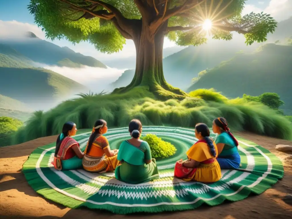 Arte ancestral: mujeres indígenas tejiendo bajo un árbol Grupo de mujeres indígenas tejiendo textiles con técnicas tradicionales bajo un árbol