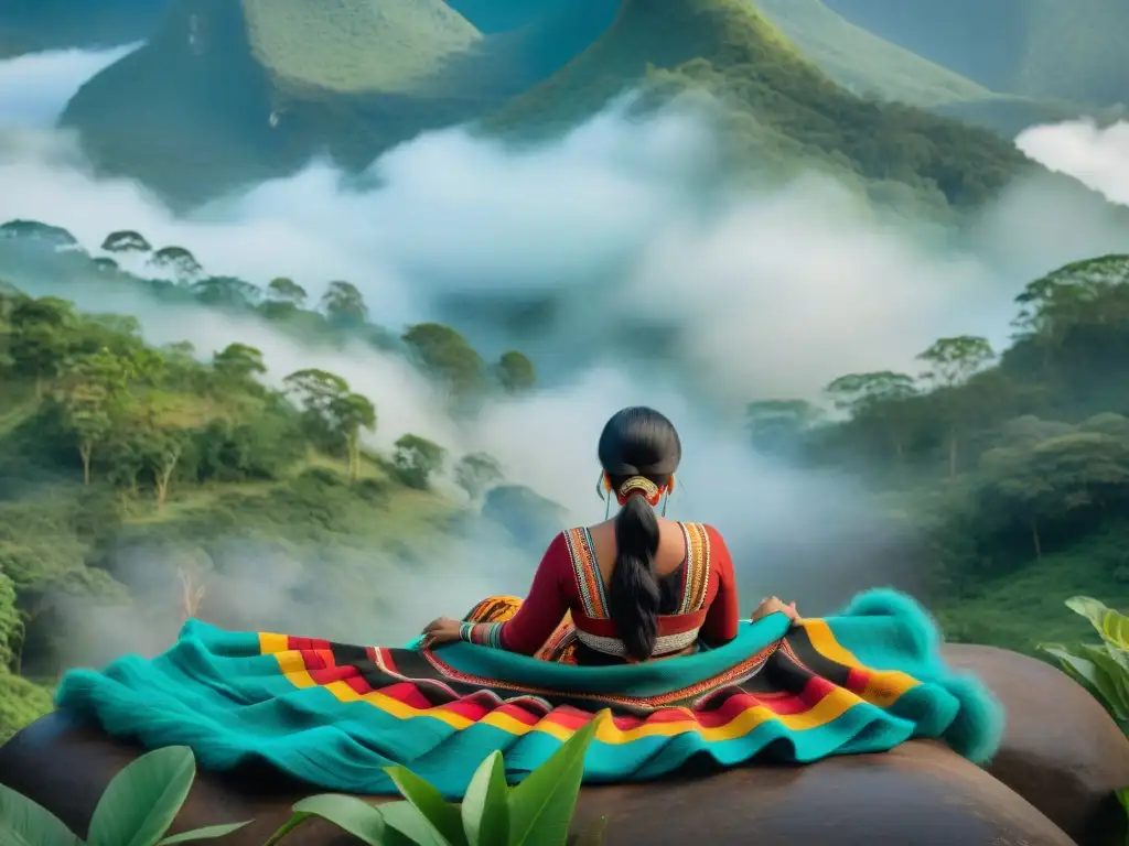 Un grupo de mujeres indígenas tejiendo textiles vibrantes en telares de cintura, en un bosque verde