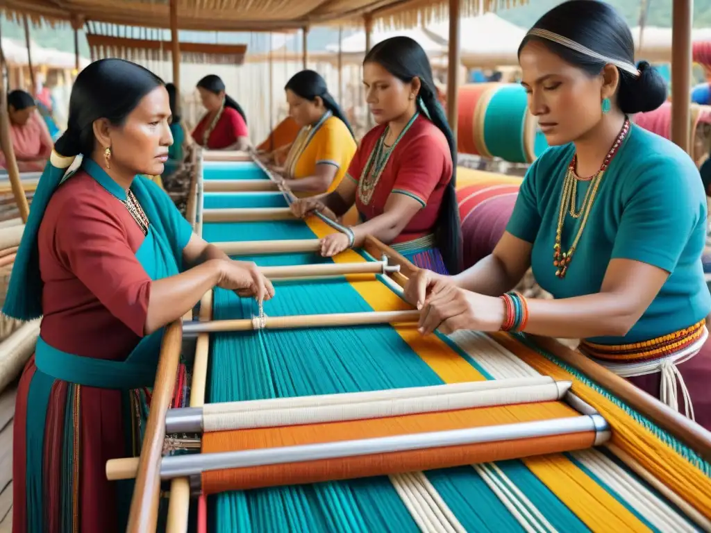 Grupo de mujeres indígenas tejiendo textiles coloridos en telares de madera, símbolos de resistencia y orgullo cultural