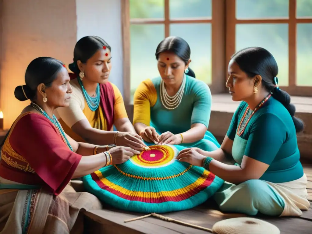 Un grupo de mujeres indígenas tejiendo textiles con destreza y orgullo, mostrando sus creencias textiles indígenas mágicas