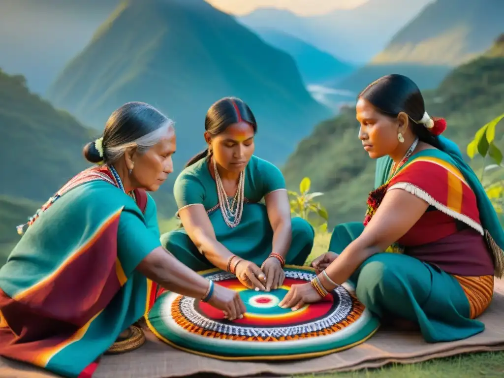 Un grupo de mujeres indígenas tejiendo textiles tradicionales con hilos coloridos, rodeadas de naturaleza y montañas al atardecer