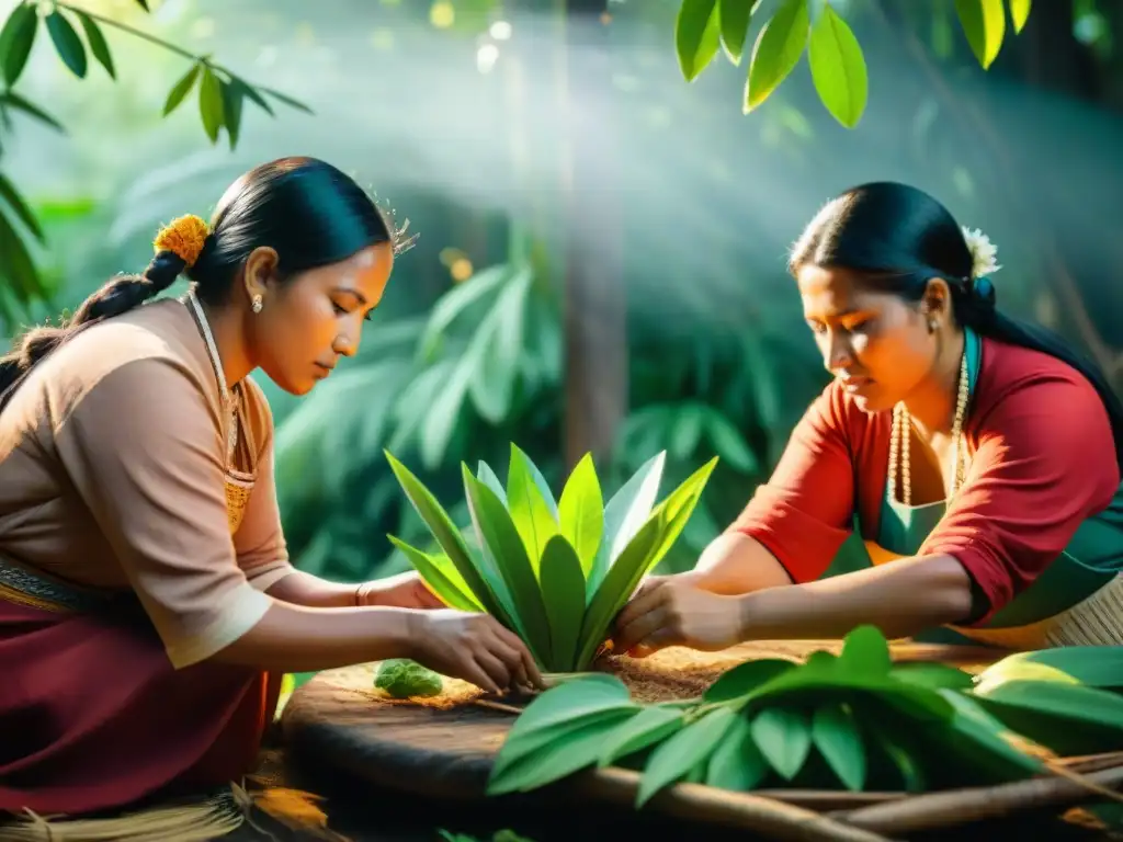 Grupo de mujeres indígenas, vistiendo trajes tradicionales, elaborando la bebida tradicional cimarrona indígena en un entorno natural y luminoso