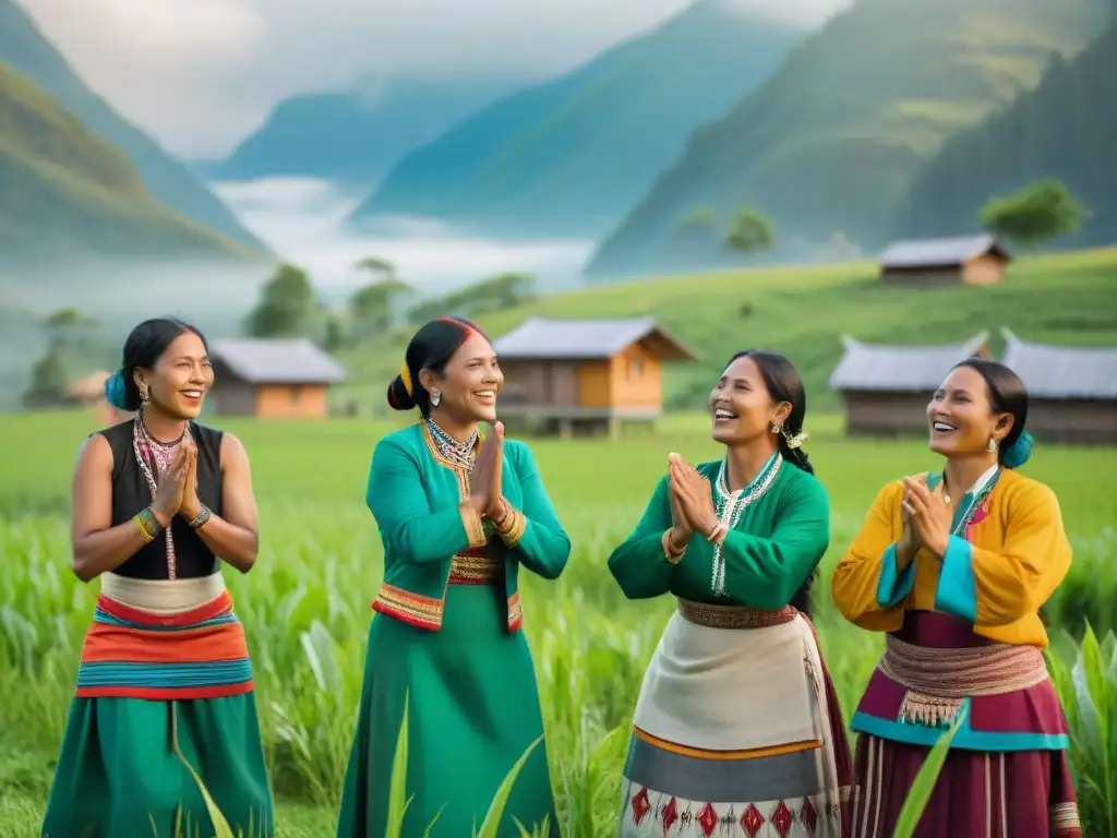 Un grupo de mujeres indígenas viste trajes coloridos, cantan y aplauden mientras trabajan en un campo verde bajo el sol