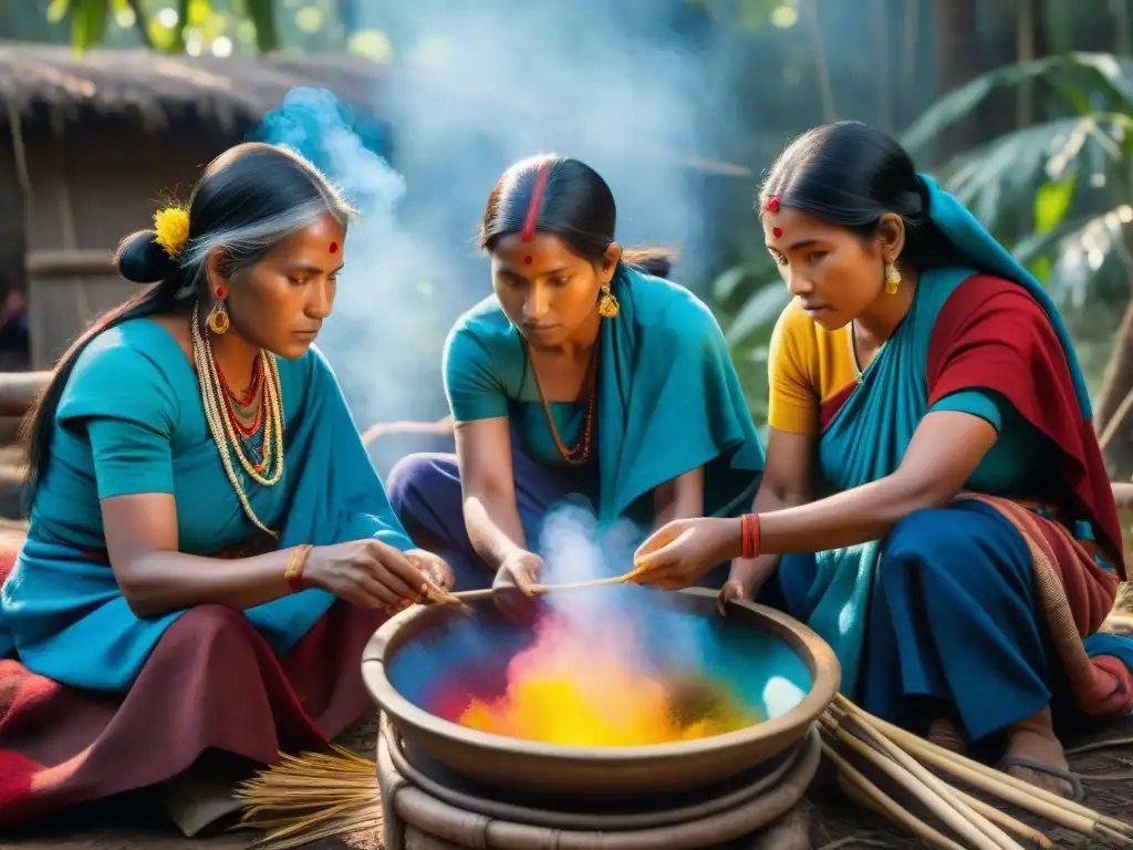 Un grupo de mujeres indígenas de diferentes tribus tiñendo telas con tintes naturales en moda indígena, creando una obra de arte textil vibrante