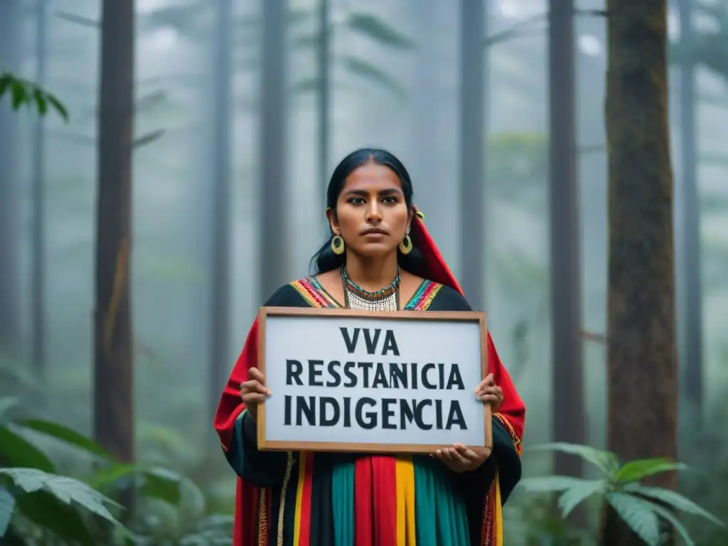 Un grupo de mujeres indígenas Zapatistas en un bosque neblinoso, con vestimenta tradicional colorida y expresiones de determinación