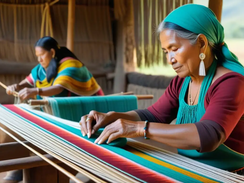 Grupo de mujeres Guarani tejiendo patrones con significado espiritual en talleres llenos de color y textura